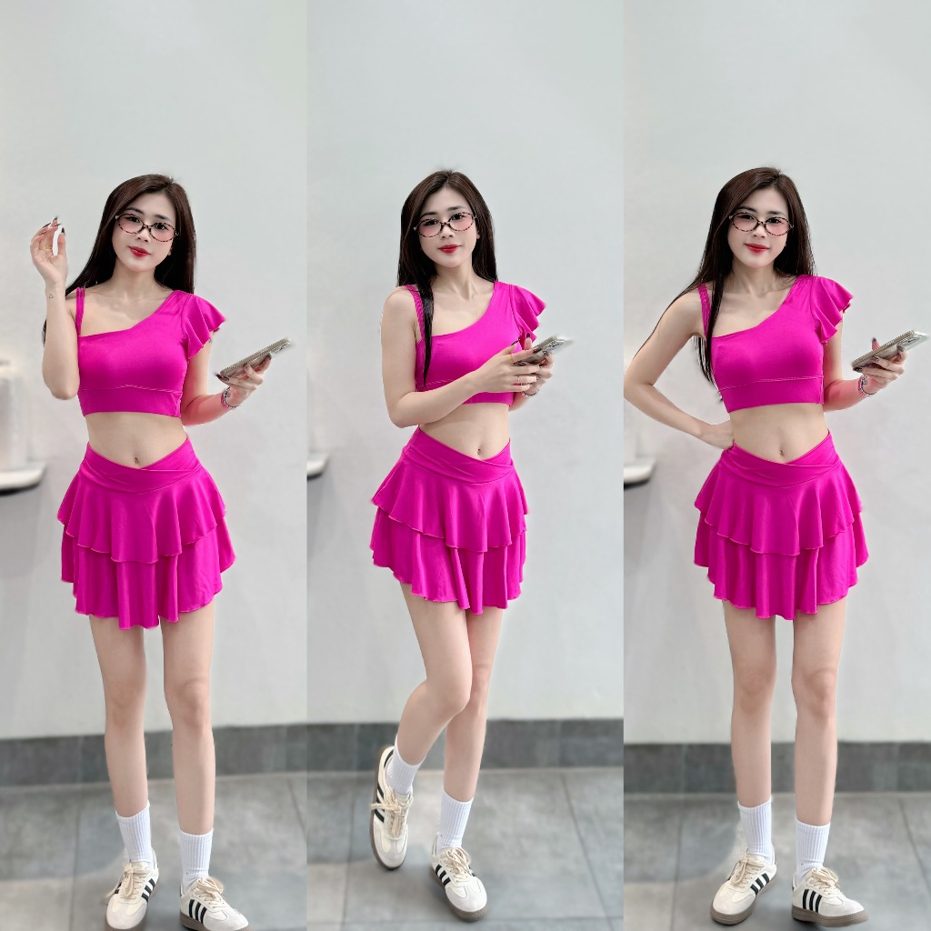 Bộ thể thao Váy tầng cạp chéo 2 lớp, áo lệch tập Pickleball, gym, yoga, aerobic... Tặng Mút (LT-01)
