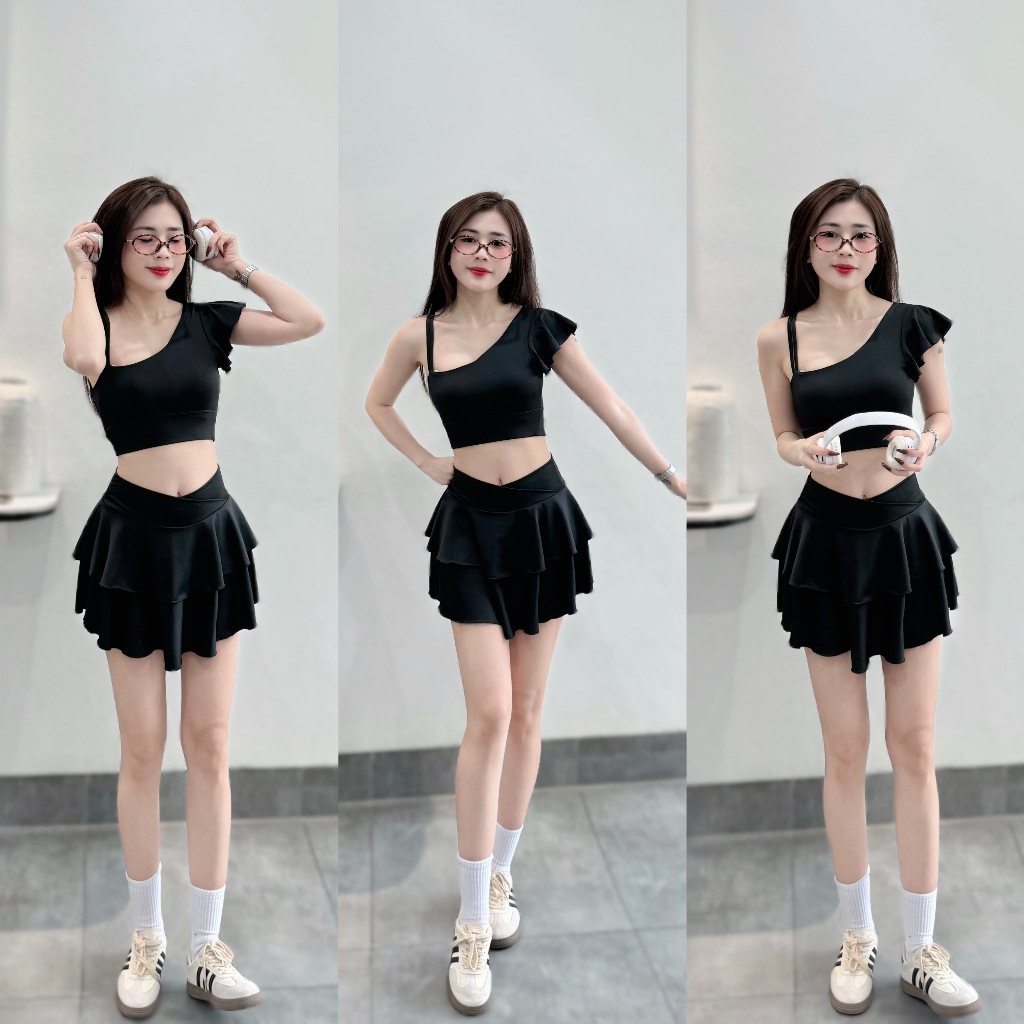 Bộ thể thao Váy tầng cạp chéo 2 lớp, áo lệch tập Pickleball, gym, yoga, aerobic... Tặng Mút (LT-01)
