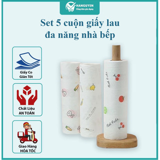 Set 5 cuộn giấy lau đa năng nhà bếp - khăn giấy thấm dầu mỡ, giặt và tái sử dụng được
