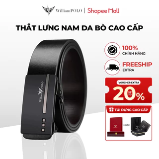 Thắt lưng nam da bò cao cấp Williampolo mặt đen bạc khóa tự động, họa tiết nổi sang trọng