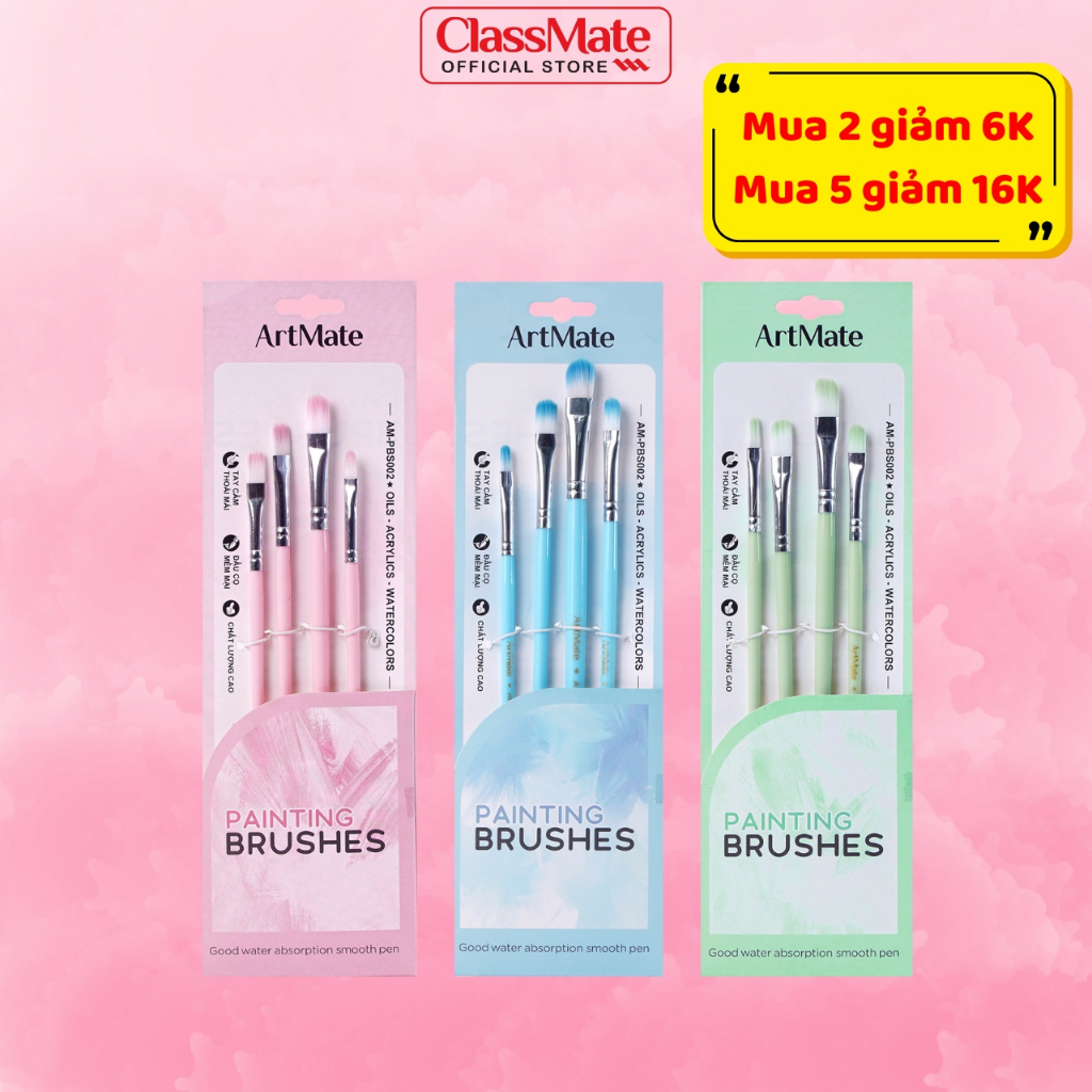 Cọ Vẽ Màu Nước Classmate Bộ Cọ Vẽ Nhựa Đầu Vuông 4 Món, Đầu Cọ Mềm Dùng Tô Tượng,  Tô Màu, Vẽ Tranh Màu Acrylic  PBS002