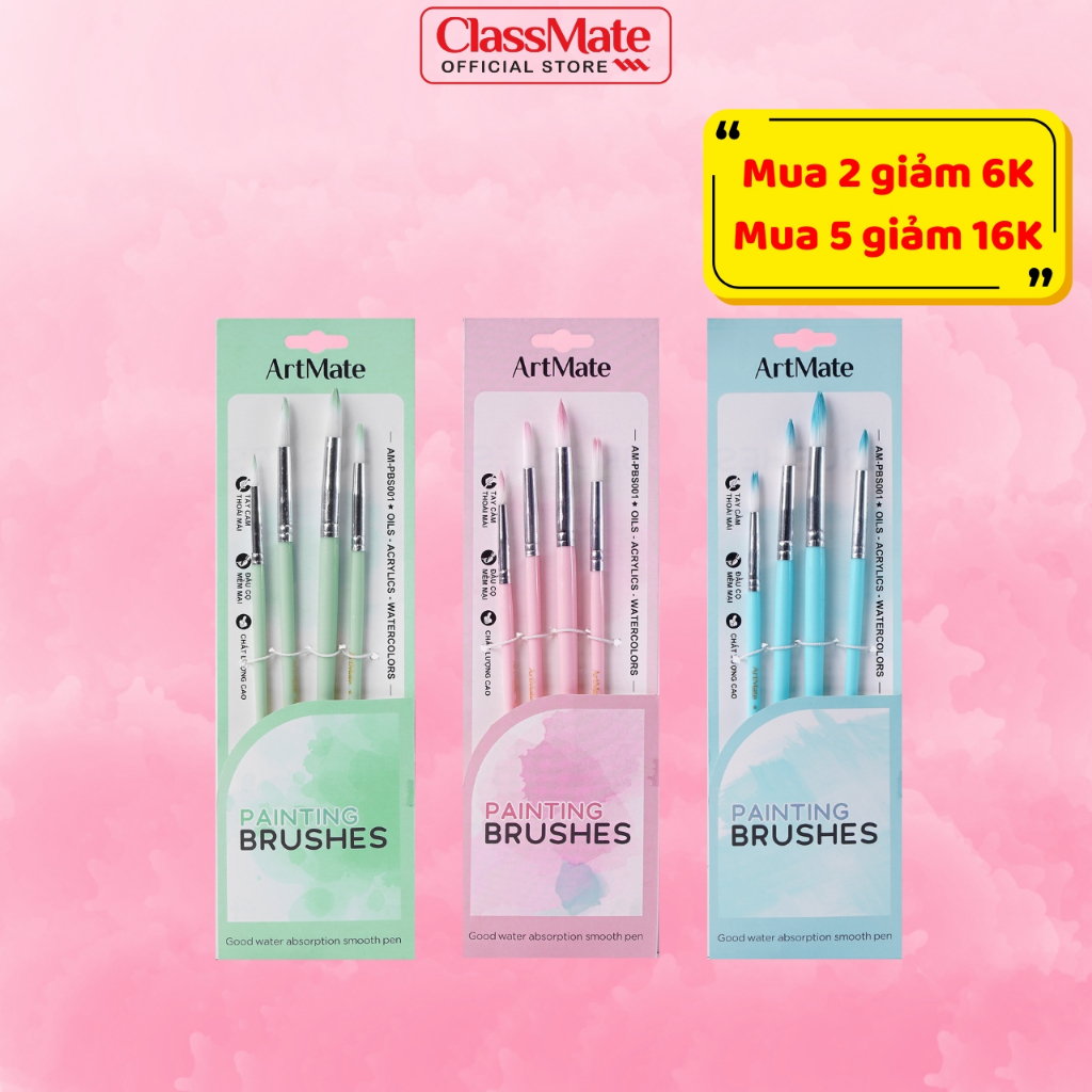 Cọ Vẽ Màu Nước Classmate Bộ Cọ Vẽ Nhựa Đầu Tròn 4 Món, Đầu Cọ Mềm Dùng Với Màu Acrylic, Màu Nước, Màu Gouache... PBS001