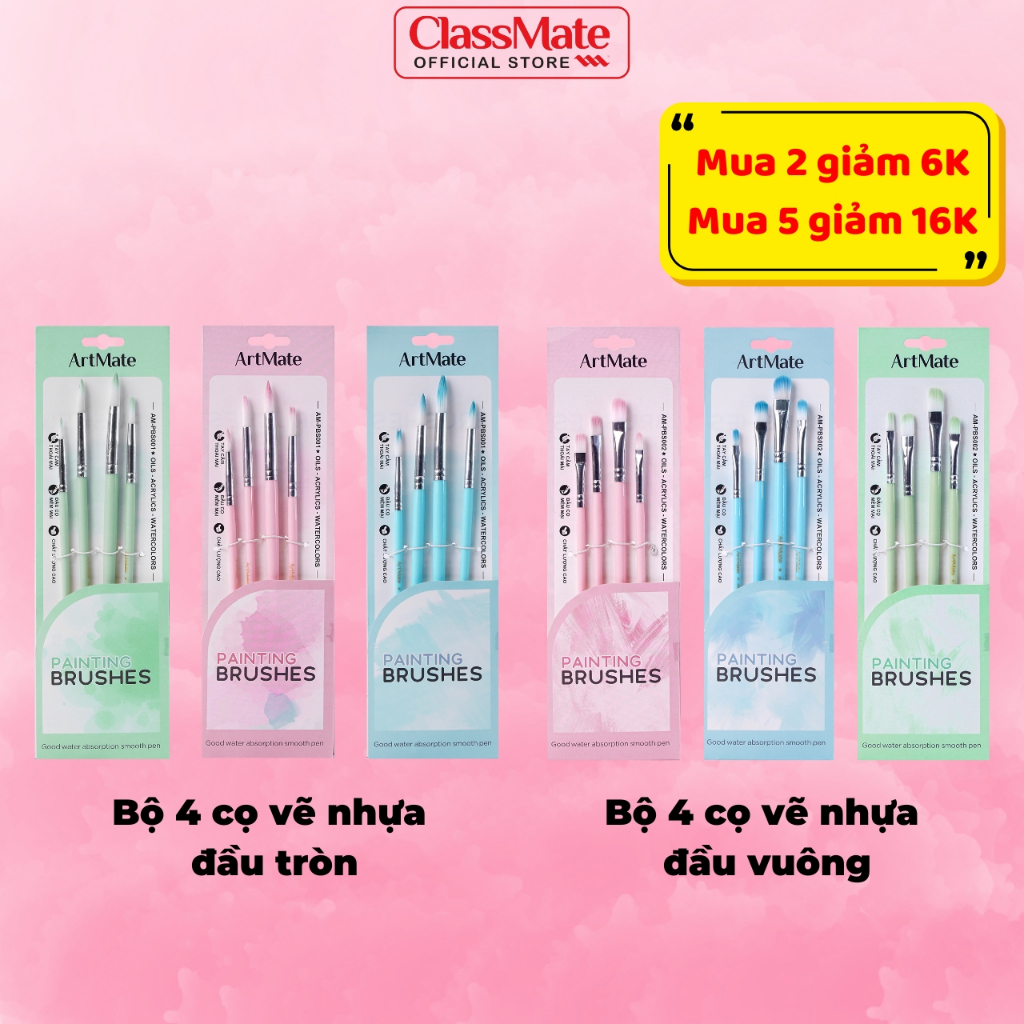 Cọ Vẽ Màu Nước Classmate Bộ 4 Cọ Vẽ Nhựa Đầu Tròn Đầu Vuông, Cọ Tô Màu Acrylic, Màu Gouache, Đầu Mềm Mại AM-PBS001/2
