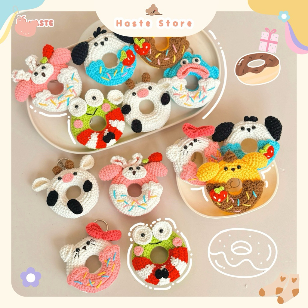 Móc Khoá Len Bánh Donut Hoạt Hình Melody Purin Pompom Hello Kitty Bánh Vòng Dễ Thương Handmade