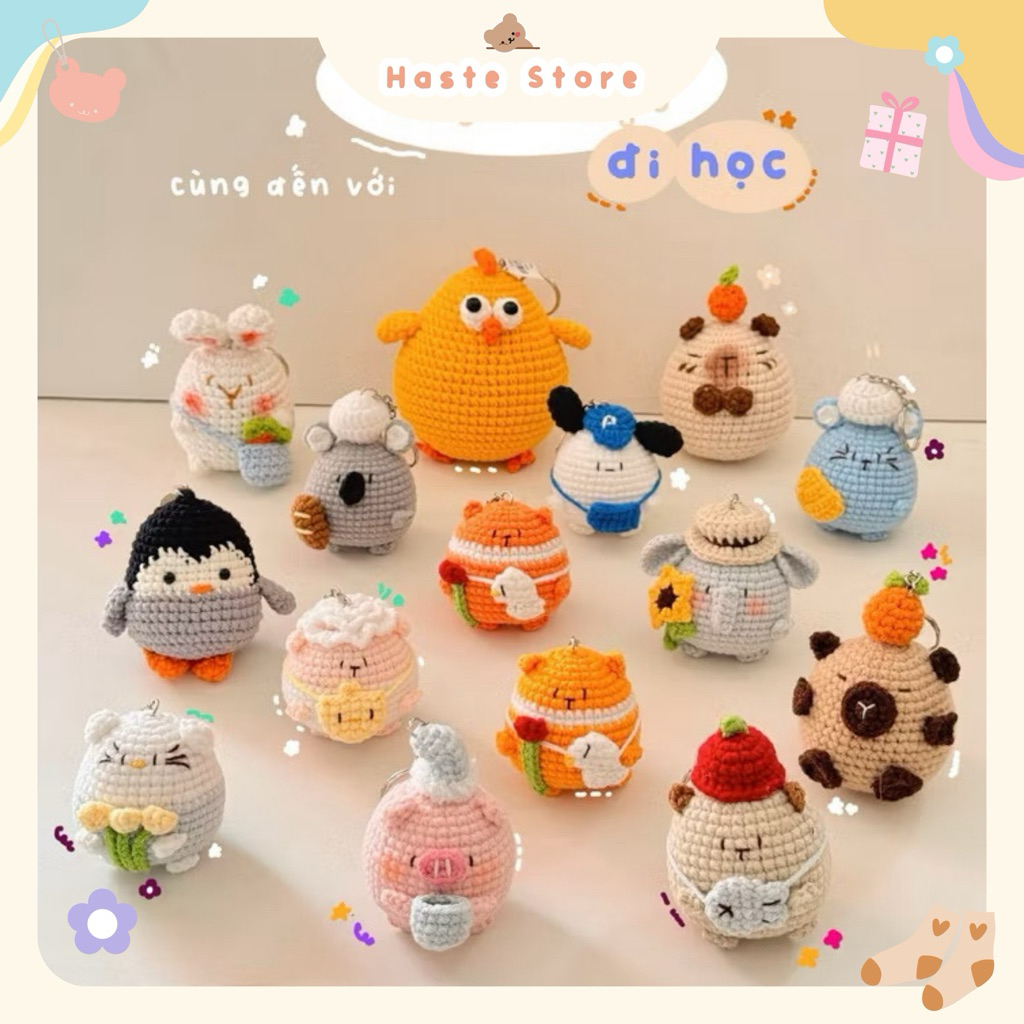 Móc Khoá Len Animal Béo Ú Tròn Biệt Đội Đi Học Đeo Túi Mochi Handmad Mềm Mịn