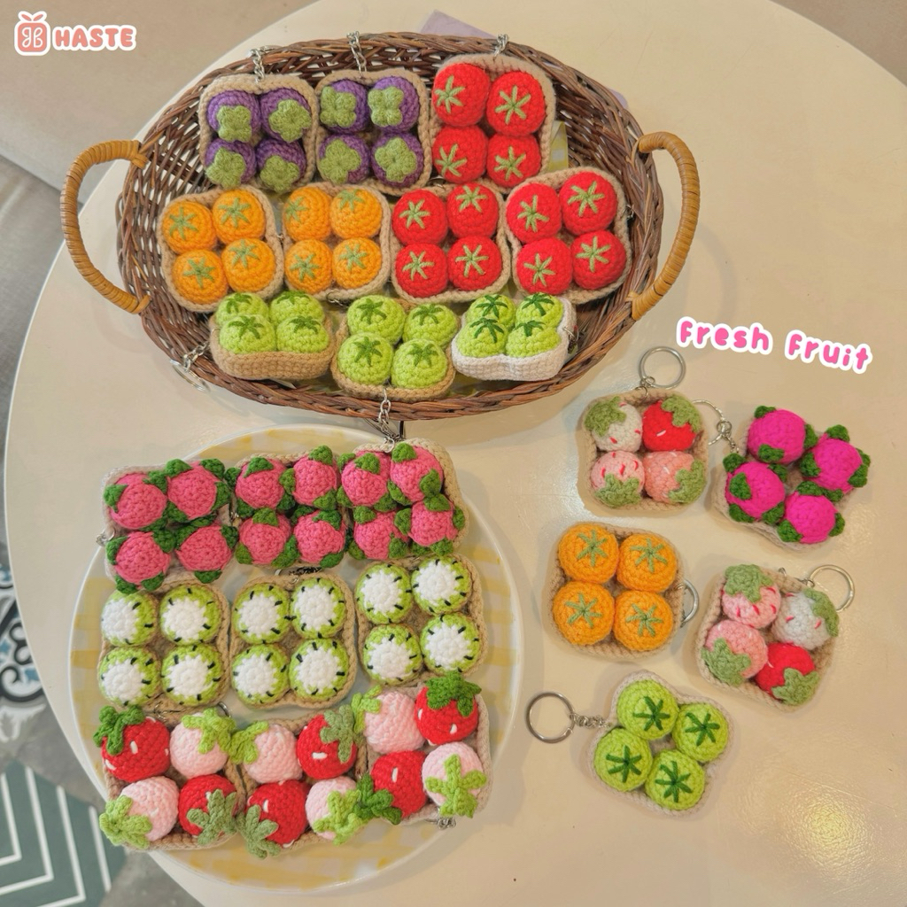 Móc Khoá Len Rổ Trái Cây Hoa Quả Rau Củ Cam Dâu Thanh Long Nho Kiwi Dễ Thương Handmadeu