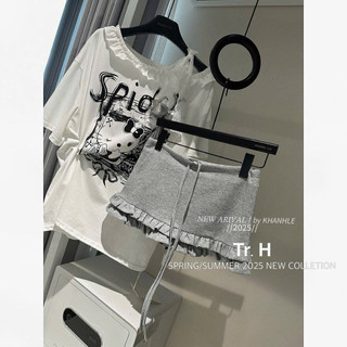 QCL1 905 Áo thun kitty lệch vai dây ren đính nơ bạc siêu hot, xinh xỉu(Freesz,form rộng)