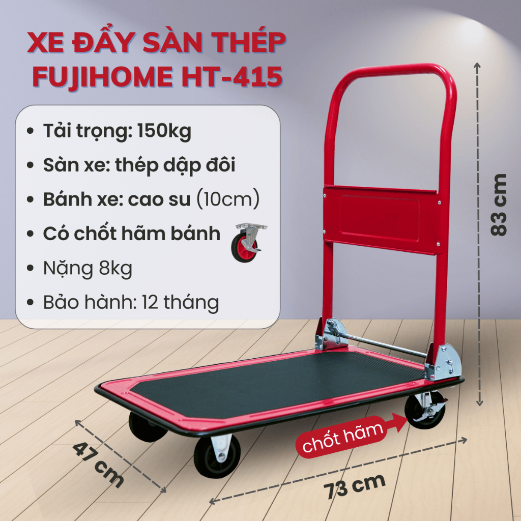 Xe chở hàng cồng kềnh 4 bánh gấp gọn 150 kg, Xe đẩy sàn thép phủ nhựa đen gọn nhẹ bánh xe chống xước