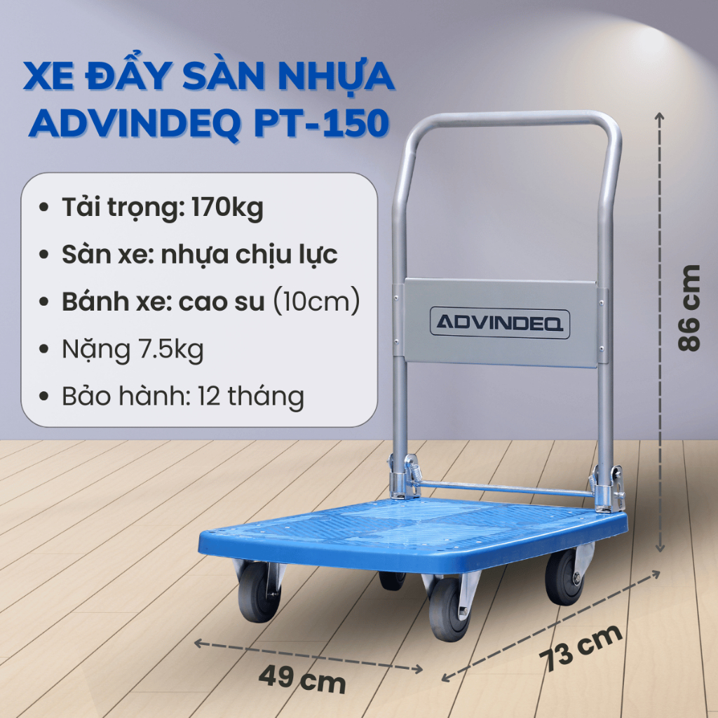 Xe đẩy hàng 4 bánh sàn nhựa gấp gọn ADVINDEQ PT-150, bánh cao su siêu bền, bảo hành 12 tháng toàn quốc
