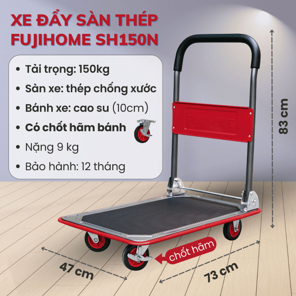 Xe kéo chở hàng sàn thép dày cao cấp FUJIHOME SH150N, Xe đẩy 4 bánh gấp gọn Nhập Khẩu chịu lực 150 kg sơn tĩnh điện