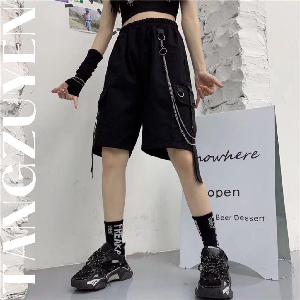 Quần short kaki túi hộp, dây xích unisex Q064 Quần sooc nam nữ form rộng cá tính