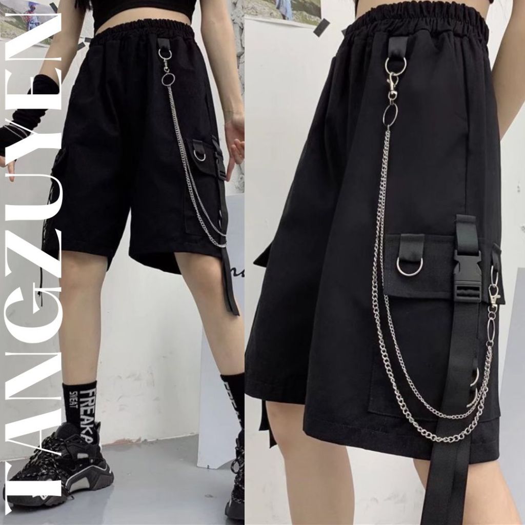 Quần short kaki túi hộp, dây xích unisex Q064 Quần sooc nam nữ form rộng cá tính