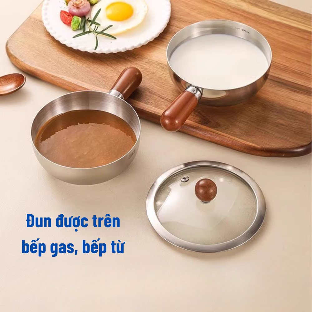 Nồi mini inox cán gỗ chống bỏng – Nấu mì, đun sữa, làm sốt – Dùng bếp gas & bếp từ
