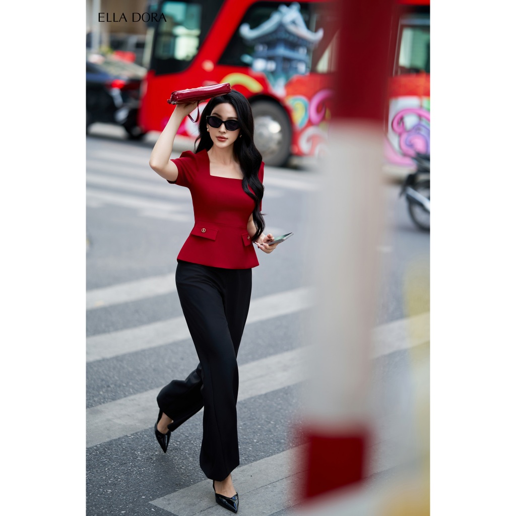 Áo peplum nữ ELLA DORA cổ vuông tay ngắn phối 2 nắp túi form gọn tôn eo thanh lịch sang trọng [AK32]