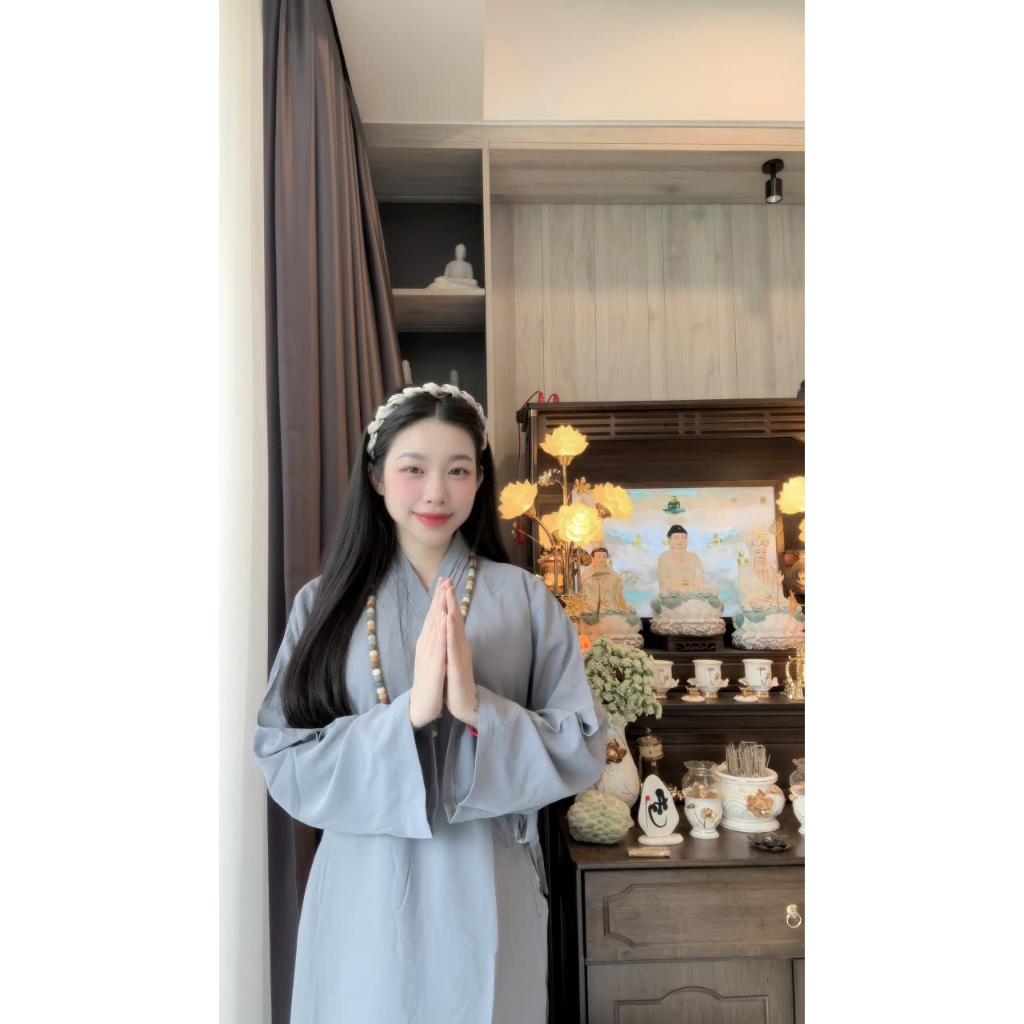Áo tràng đi chùa thêu hoa sen kèm quần lụa trượt Quần áo phật tử truyền thống Set bộ áo tràng nữ dáng dài đi tu tập