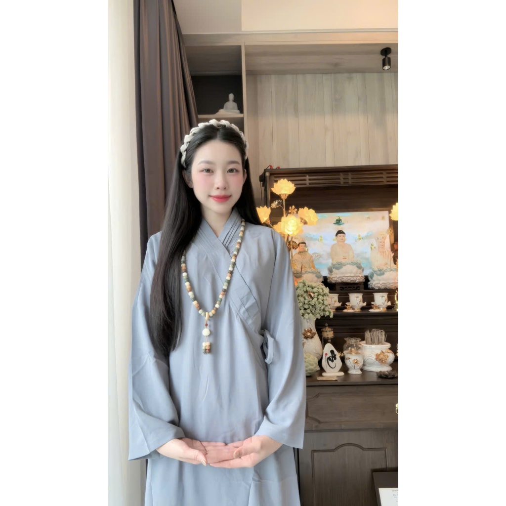 Áo tràng đi chùa thêu hoa sen kèm quần lụa trượt Quần áo phật tử truyền thống Set bộ áo tràng nữ dáng dài đi tu tập