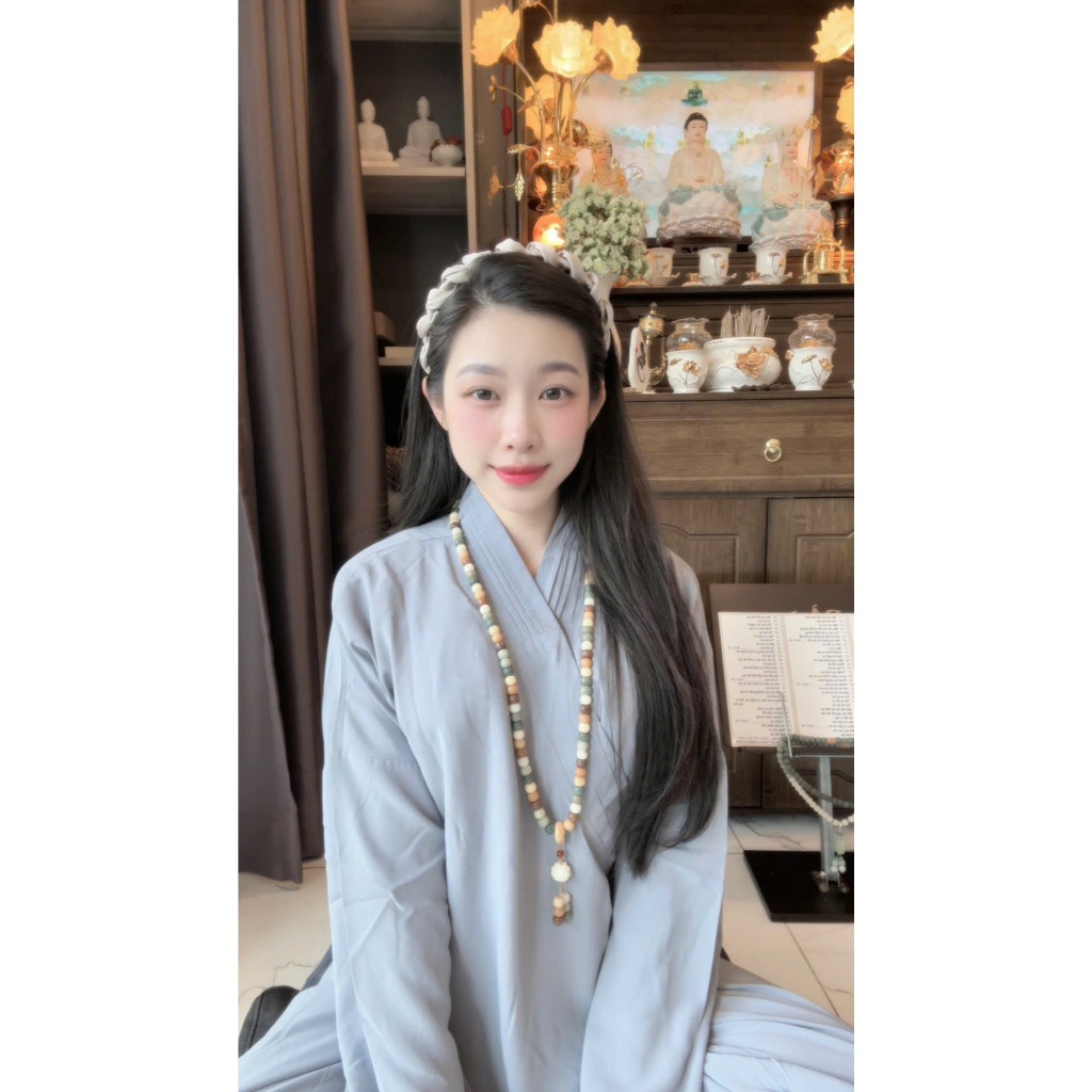 Áo tràng đi chùa thêu hoa sen kèm quần lụa trượt Quần áo phật tử truyền thống Set bộ áo tràng nữ dáng dài đi tu tập