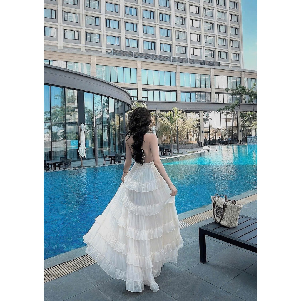 [ BKN 924 ] Đầm MAXi TƠ GÃY tầng hai lớp có mút ngực dài xoè to chuẩn hình cao cấp HAN,T SHOP