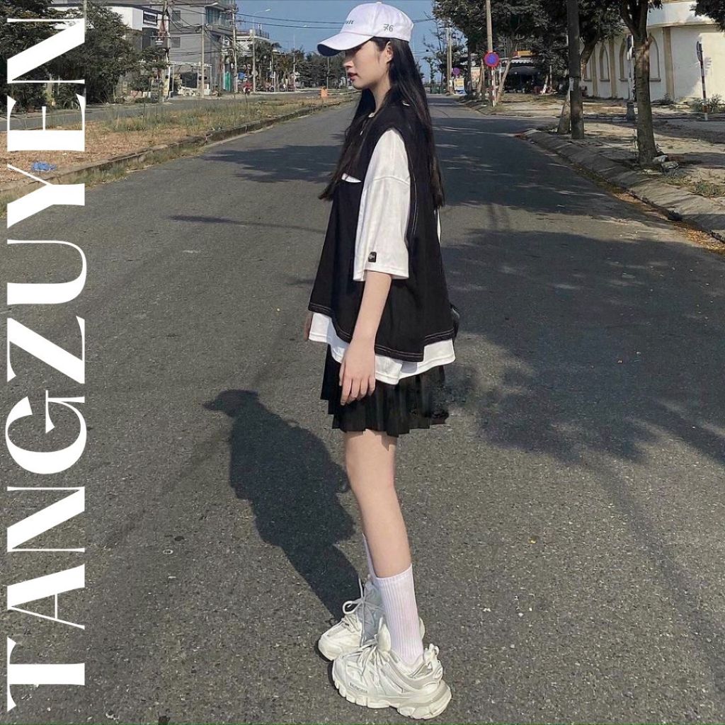 Set áo gile SA009 rách mix áo phông tay lỡ Trắng form rộng unisex phong cách ulzzang