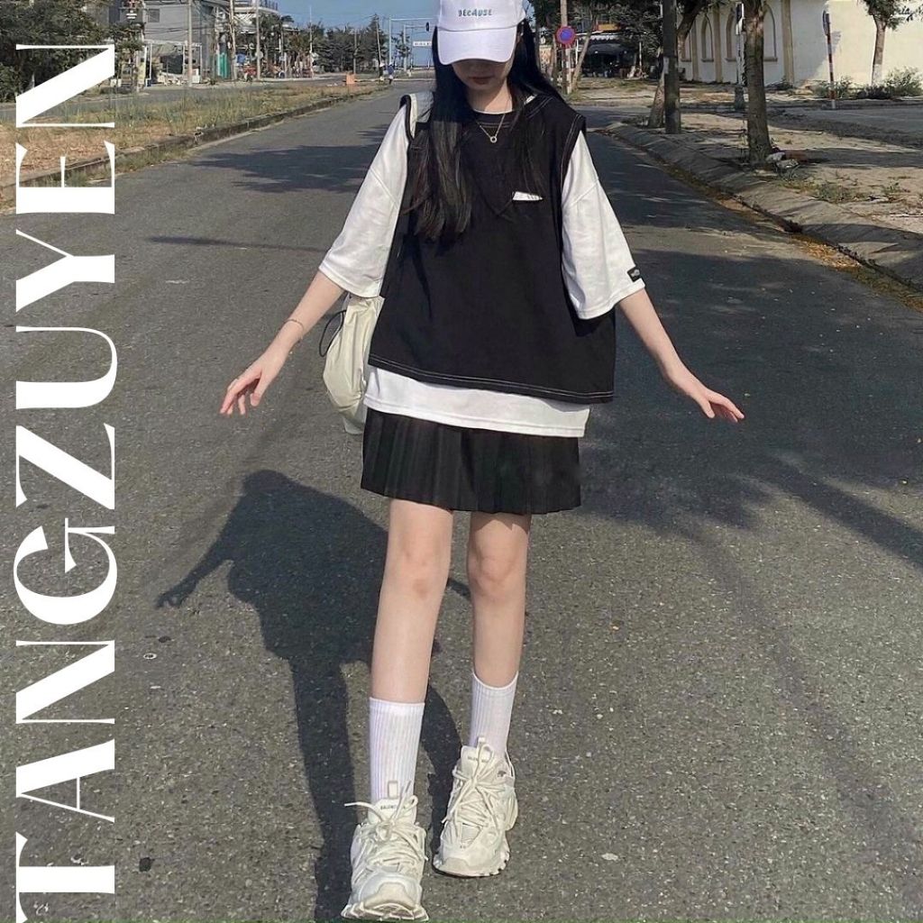 Set áo gile SA009 rách mix áo phông tay lỡ Trắng form rộng unisex phong cách ulzzang