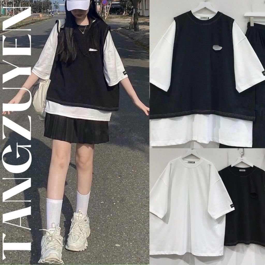 Set áo gile SA009 rách mix áo phông tay lỡ Trắng form rộng unisex phong cách ulzzang