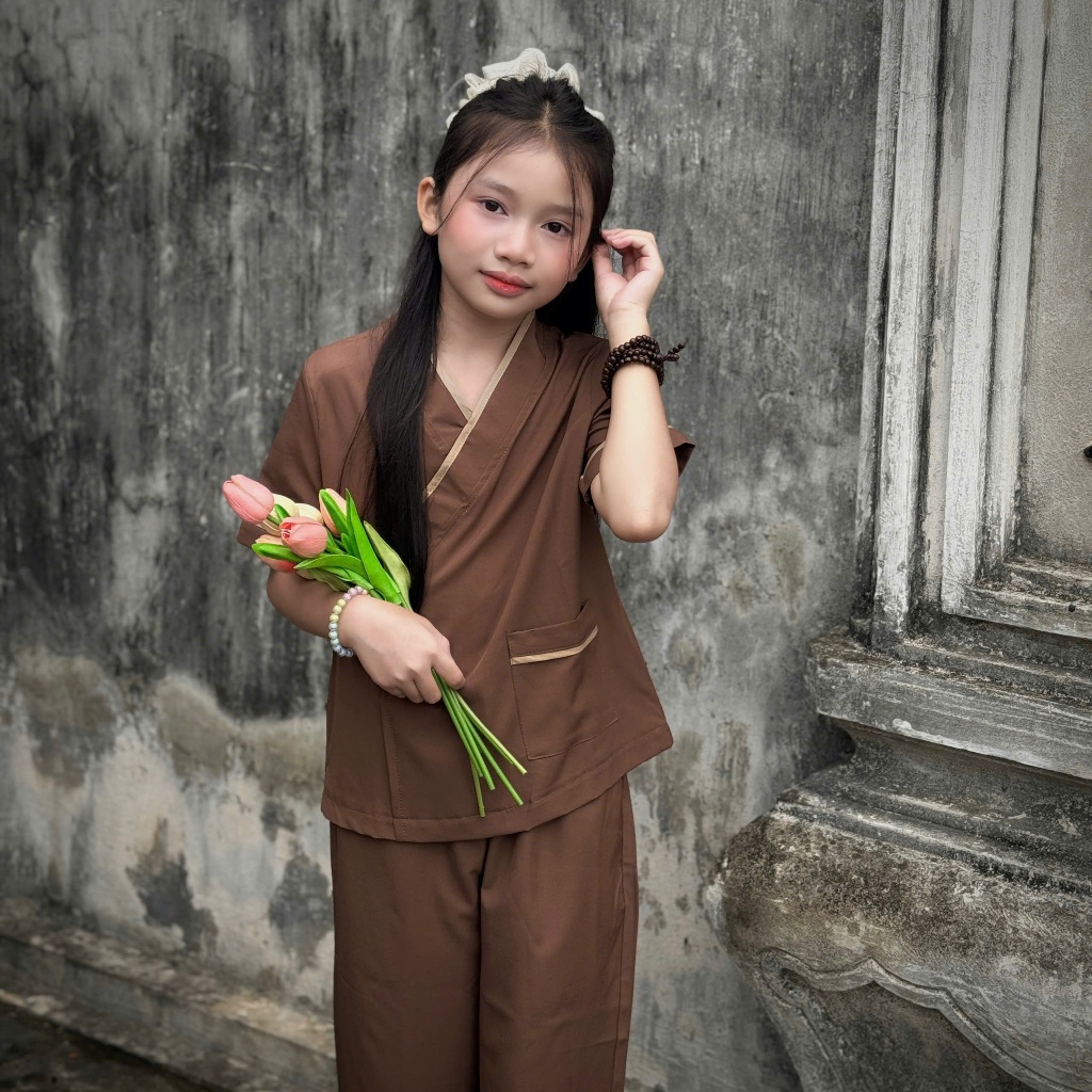 Pháp phục đi chùa cho bé trai, bé gái cổ vạt chéo lụa nhuyễn mềm mát Đồ lam cho bé đi lễ từ 16-40kg