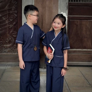 Pháp phục đi chùa cho bé trai, bé gái cổ vạt chéo lụa nhuyễn mềm mát Đồ lam cho bé đi lễ từ 16-40kg
