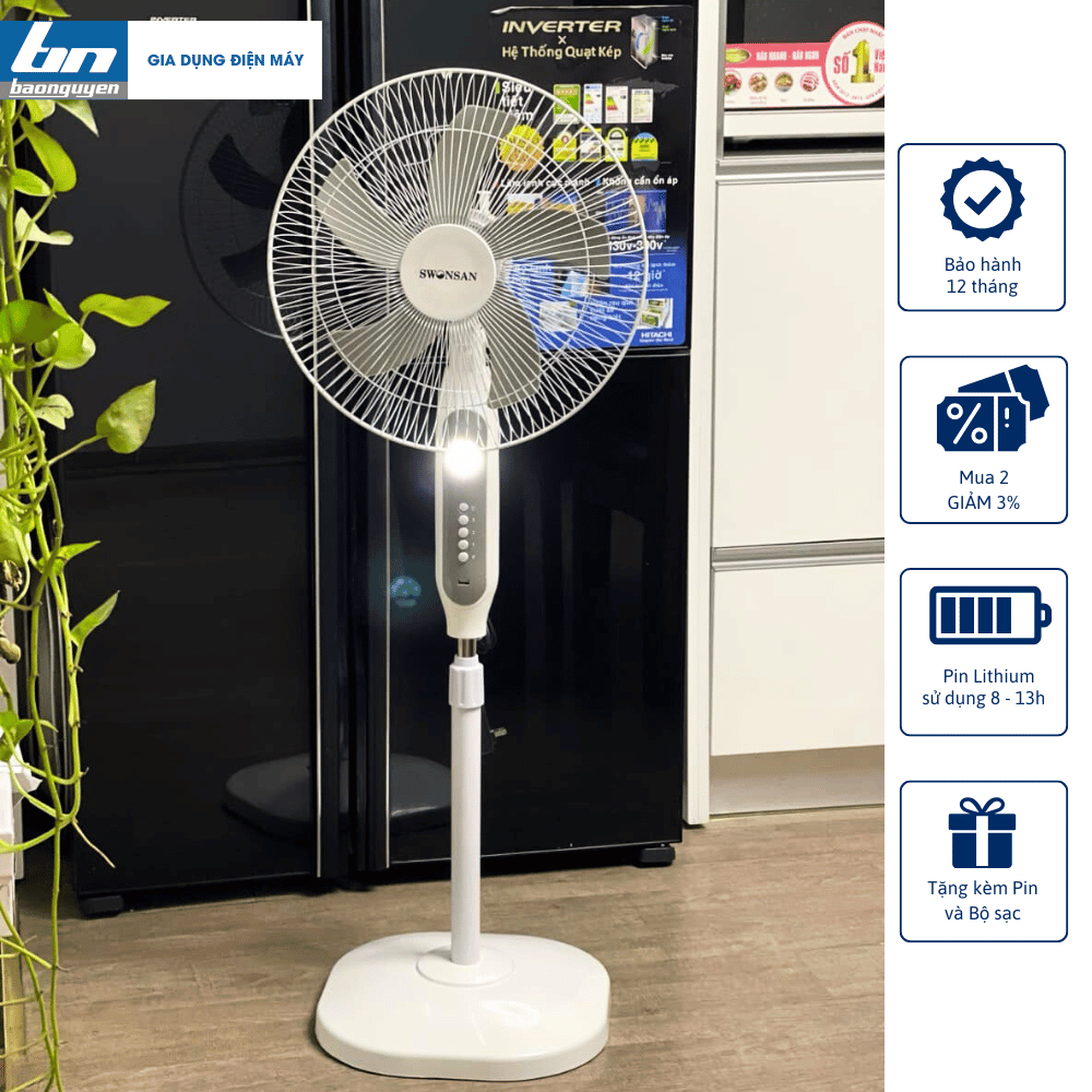 Quạt Cây KCT Sạc Tích Điện SWONSAN 12V Chính Hãng – Động Cơ Không Chổi Than, Có Đèn LED & Cổng USB