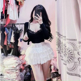 Chân váy ren nữ xếp tầng có quần bảo hộ màu đen trắng dáng xòe cực dễ thương VANISA CT361