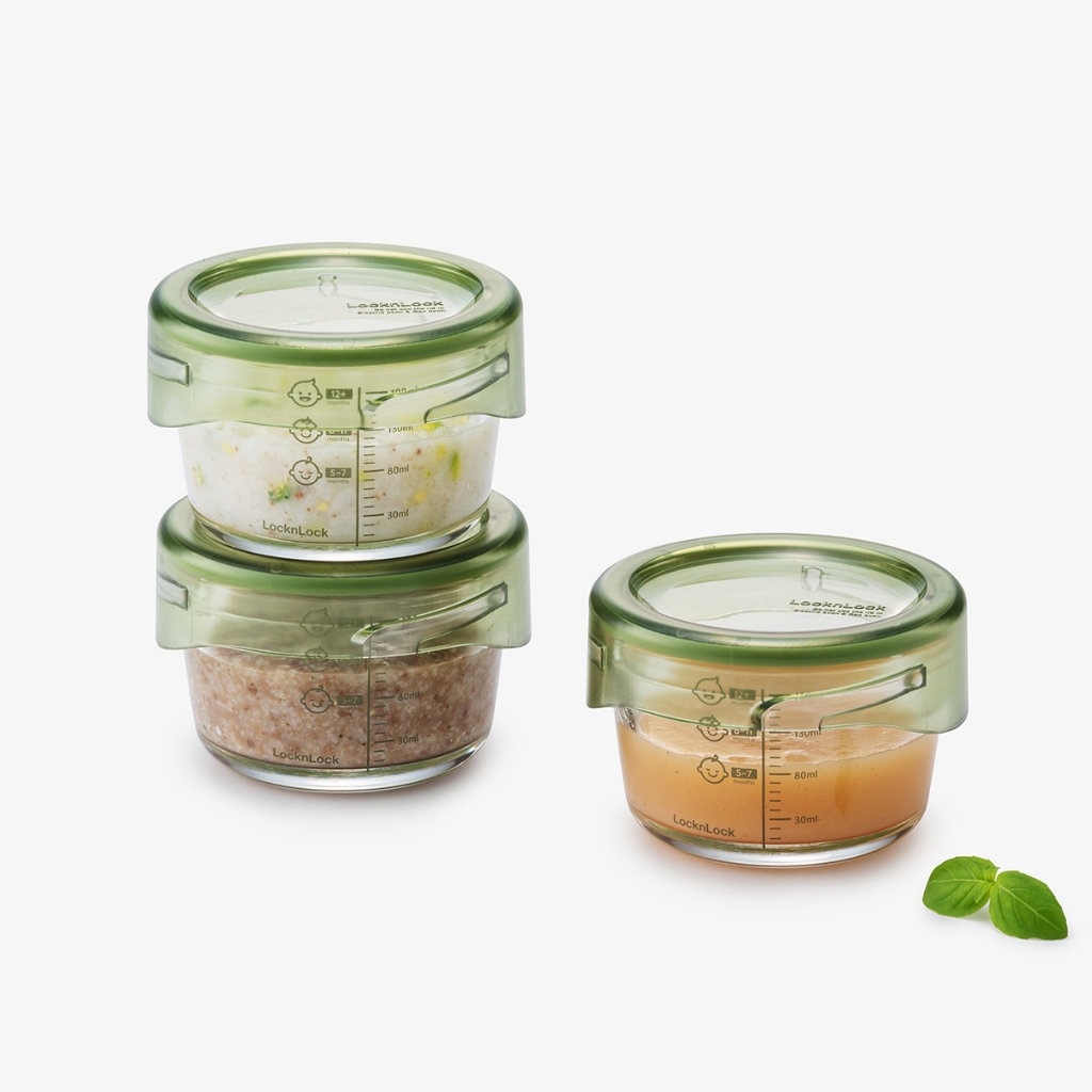 Hộp Thủy Tinh Đựng Thức Ăn Dặm Cho Bé LocknLock Có Vạch Chia LLG540S3GRN 215ml Nắp vặn chặt- K-MALL