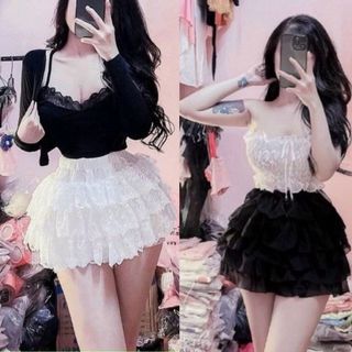 Chân váy ren nữ xếp tầng có quần bảo hộ màu đen trắng dáng xòe cực dễ thương VANISA CT361