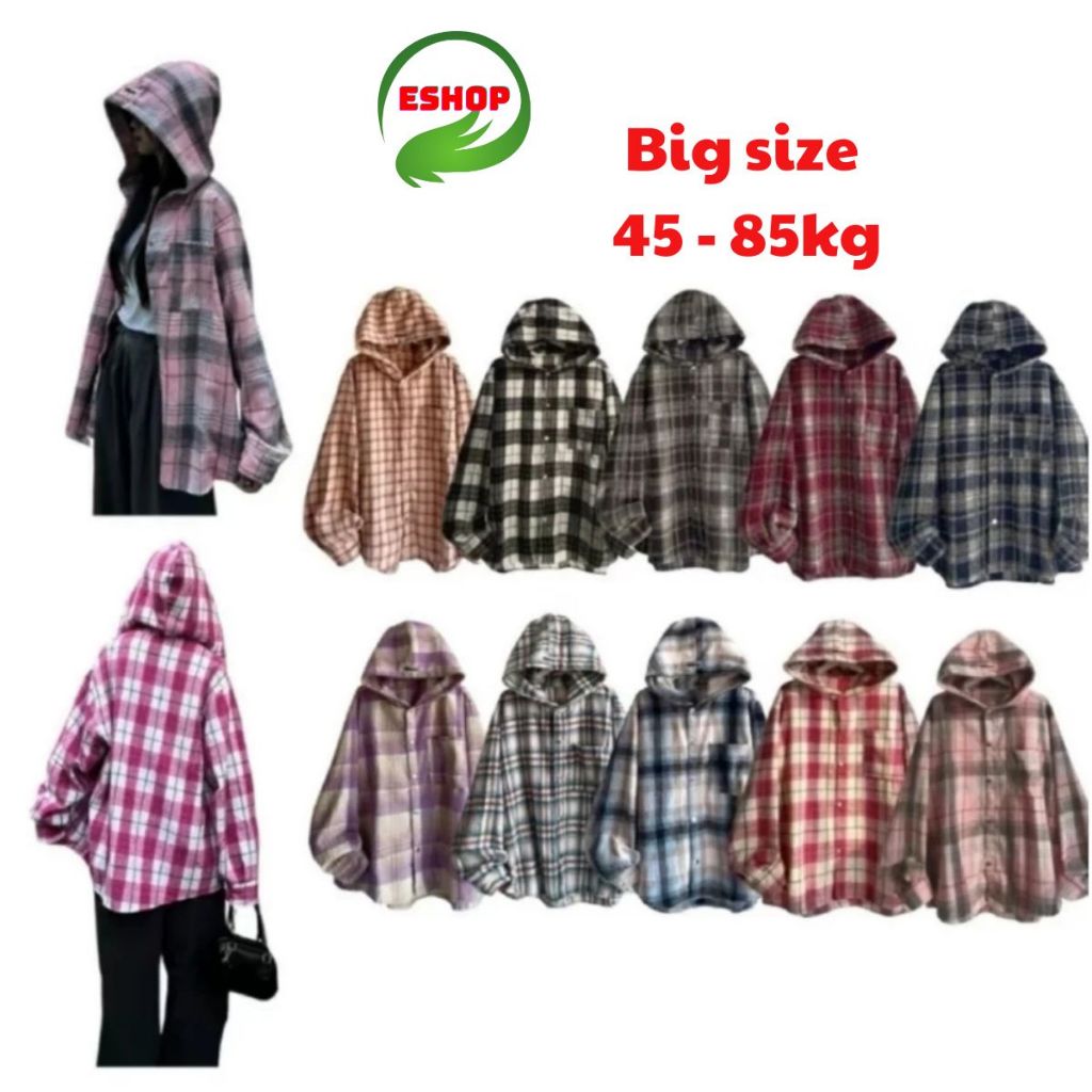 Áo Khoác Chống Nắng Nam Nữ Chất Nỉ Dạ Kẻ Caro Có Nón 2 Lớp ESHOP Áo Sơ Mi Tay Dài Có Mũ Bigsize