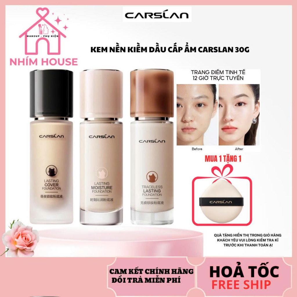 Kem nền CARSLAN 4.0 Dạng lỏng kiềm dầu cấp ẩm che phủ tốt chất mịn lỳ 24h 30g | NHÍM HOUSE