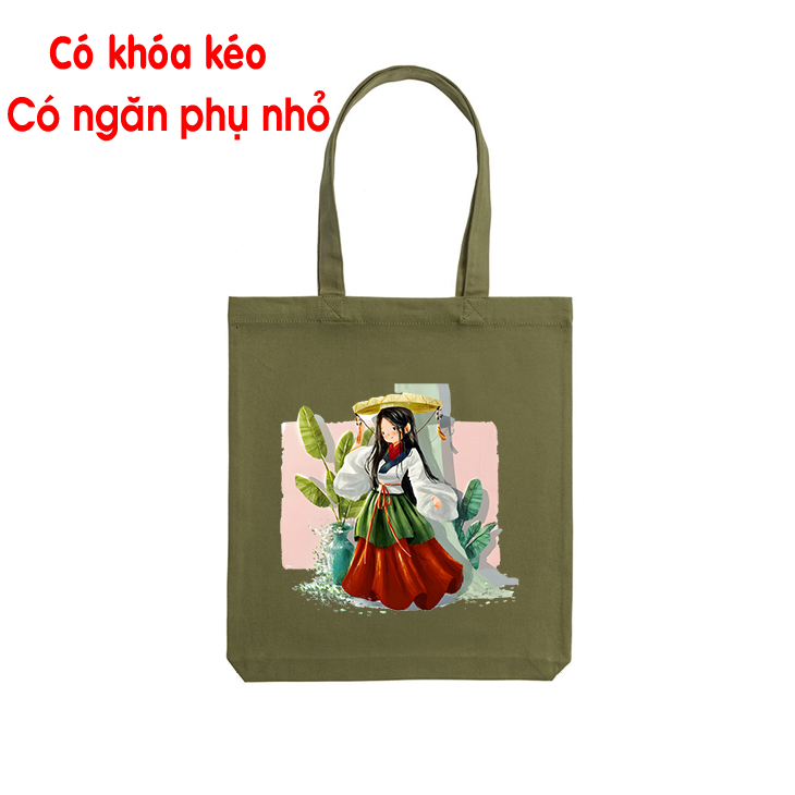 Túi Tote vải có khóa kéo túi vanvas bộ sưu tập áo dài Phụ Nữ Việt Nam - túi đeo vai màu be và đỏ nhiều hình tota058