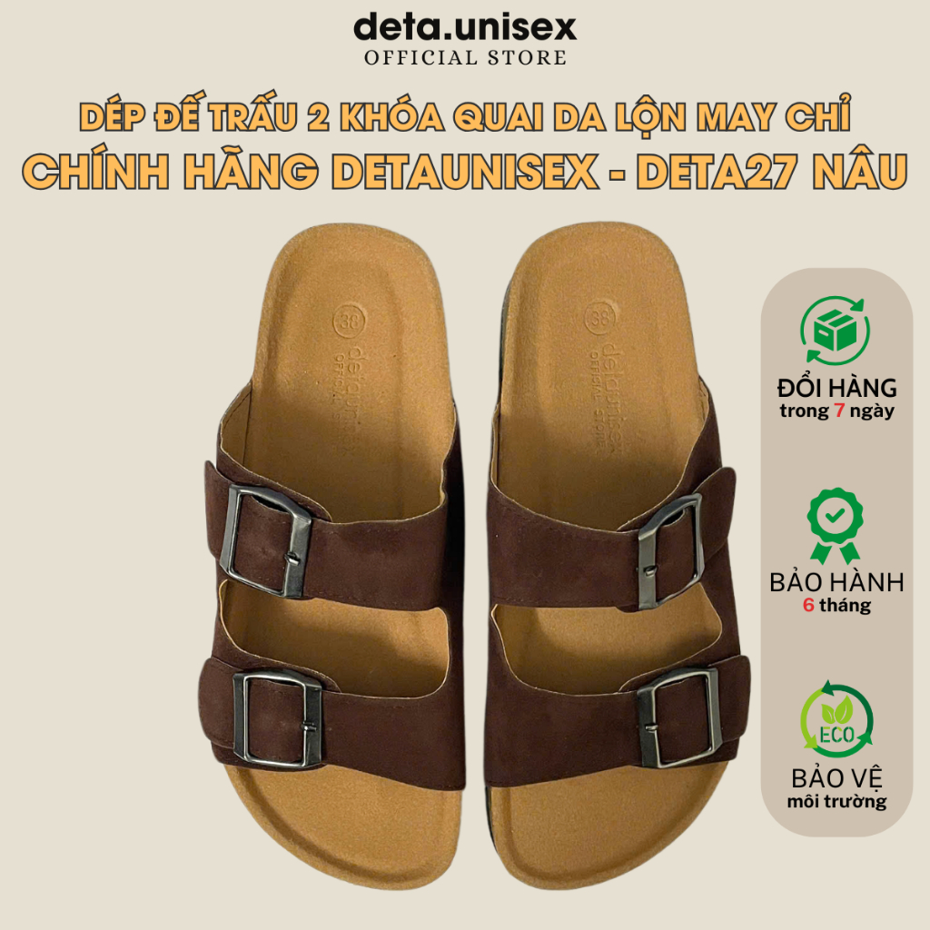 Dép Birken đế trấu quai ngang 2 khoá quai da lộn may chỉ DETAUNISEX - DETA27 NÂU