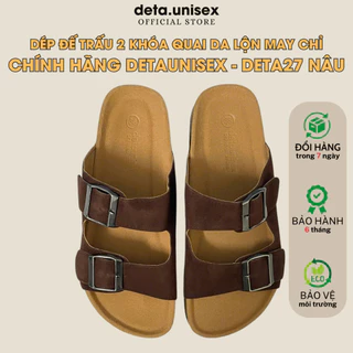 Dép Birken đế trấu quai ngang 2 khoá quai da lộn may chỉ DETAUNISEX - DETA27 NÂU