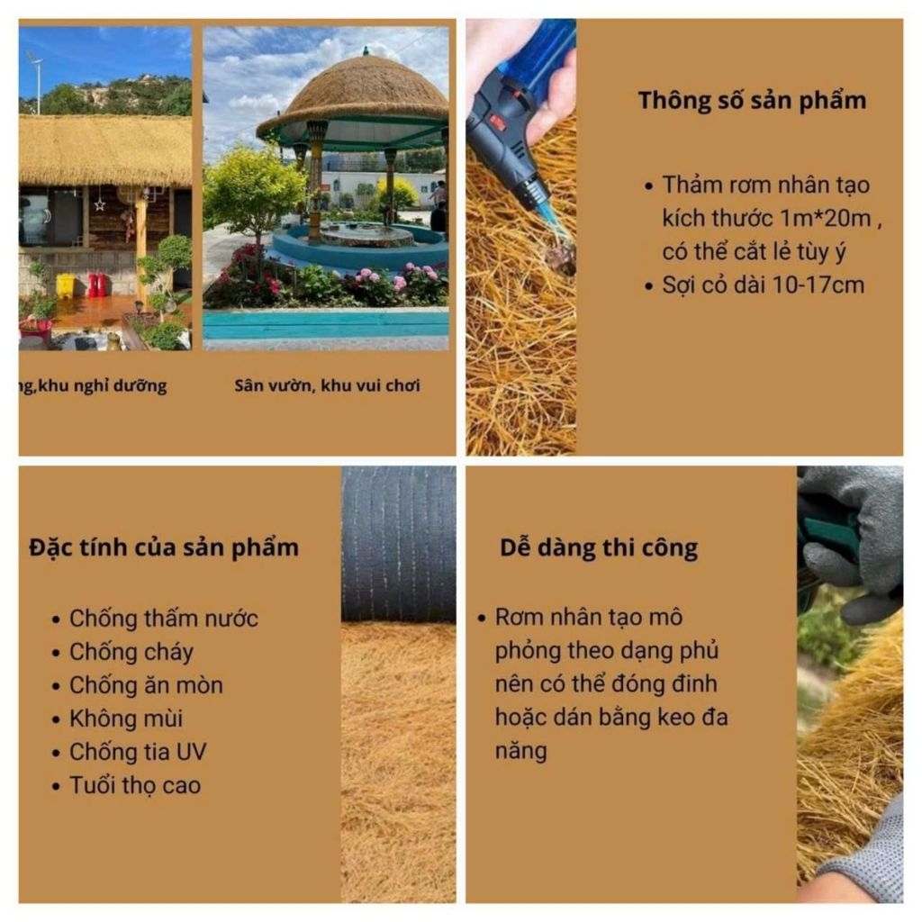 Combo 1m2(1m x 1m) Thảm rơm nhân tạo trải mái, lợp chồi lều trại resort,  trang trí nhà vườn