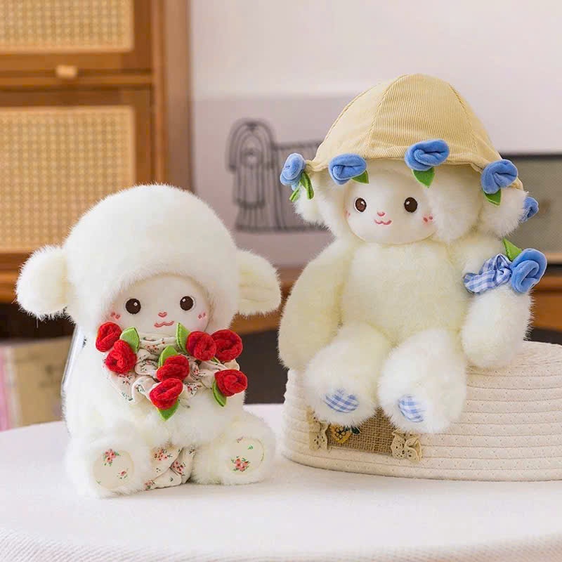 Gấu bông cừu trắng ôm mũ bó hoa hồng 2in1 dễ thương dùng làm quà tặng cho người yêu dịp sinh nhật, Valentine