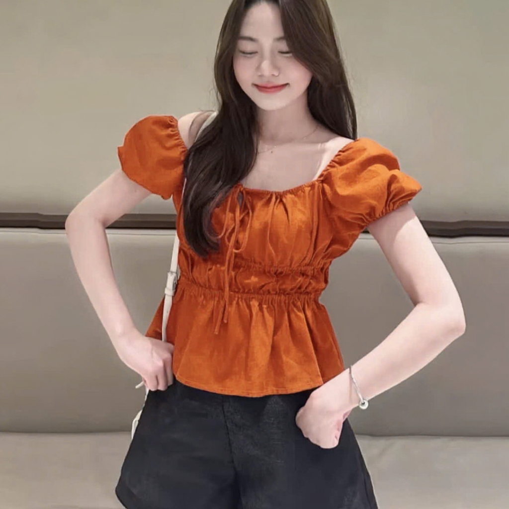 Áo Babydoll Cổ Vuông Chiết Eo Tay Phồng Bigsize 45-85kg Vải Lụa Mềm Mát Cột Nơ Dễ Thương ESHOP MS448