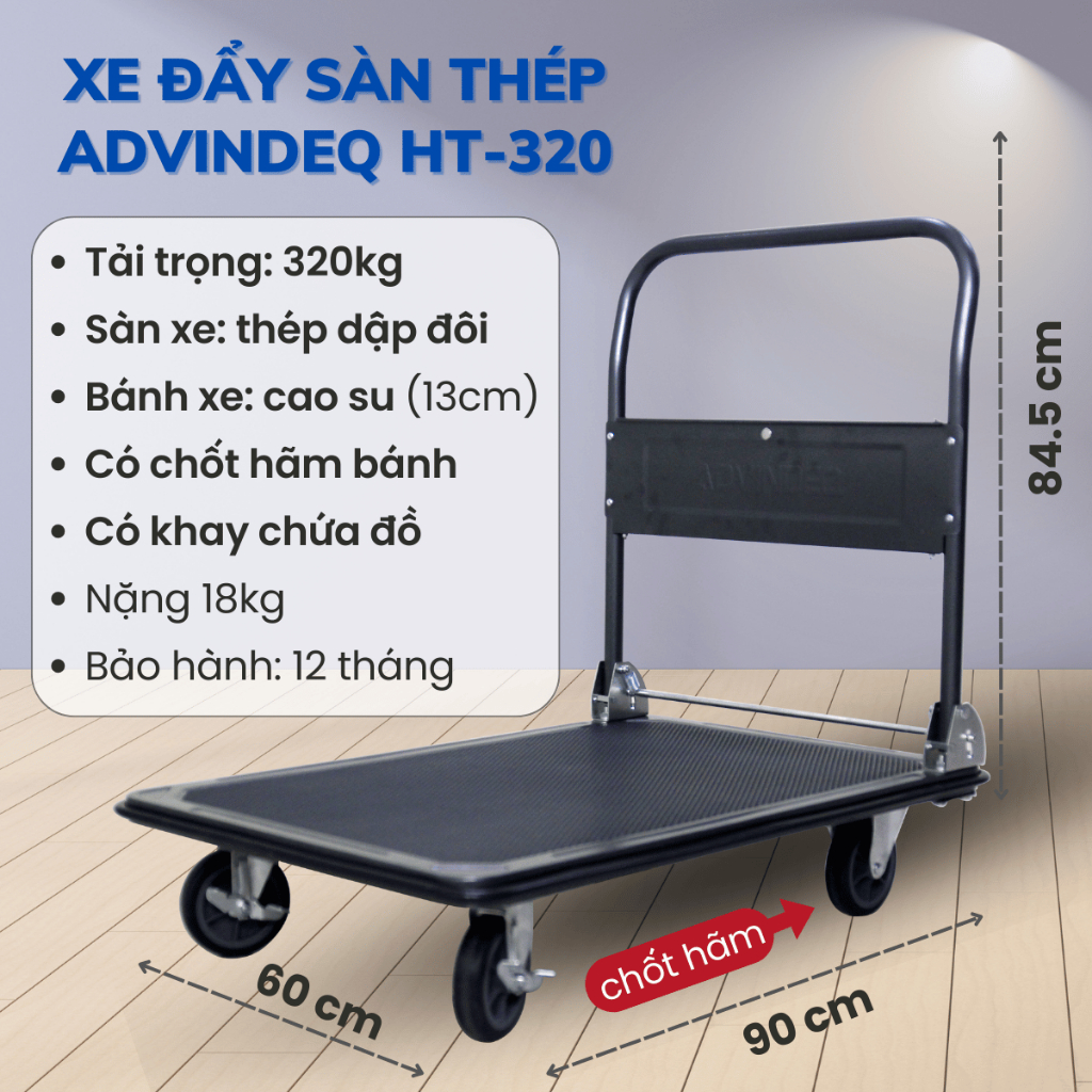 Xe đẩy hàng 4 bánh gấp gọn sàn thép phủ nhám chống gỉ chống xước ADVINDEQ , bảo hành 12 tháng toàn quốc