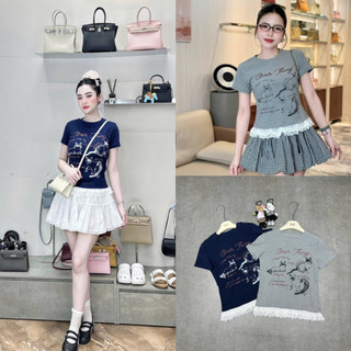 Áo phông cotton hình 3 con mèo chân ren bèo