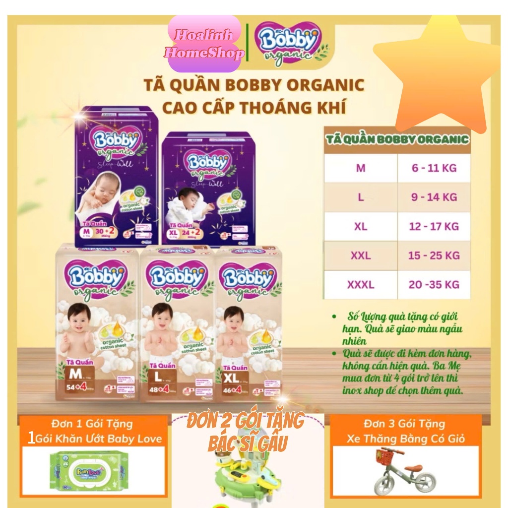 Tã quần BOBBY ORGANIC Size Cotton Hữu Cơ Hoalinh-HomeShop