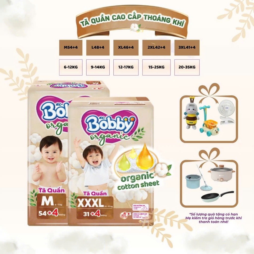 Tã quần BOBBY ORGANIC Size Cotton Hữu Cơ Hoalinh-HomeShop