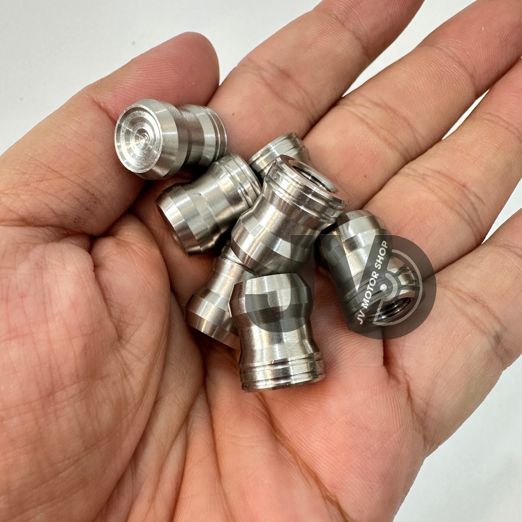Ốc chụp van vòi kèm long đền đỏ - inox 304 CNC khuyên khối, gắn các loại van xe, sáng bóng dễ gắn