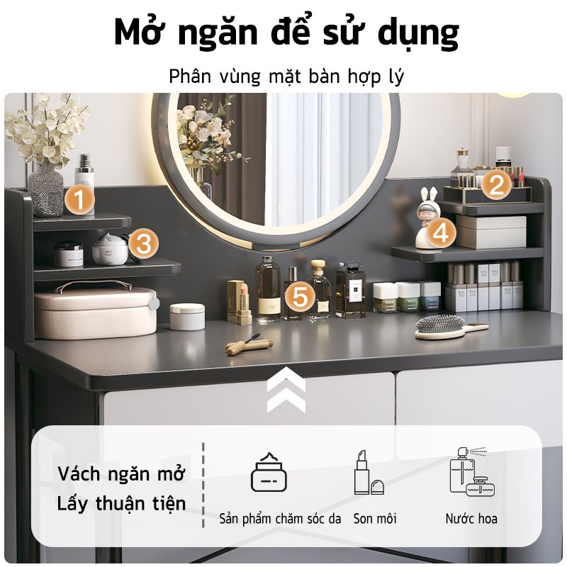LUX Bề mặt bàn trang điểm lớn, đèn LED thông minh ba cấp độ, đáp ứng nhu cầu số lượng sản phẩm trang điểm.