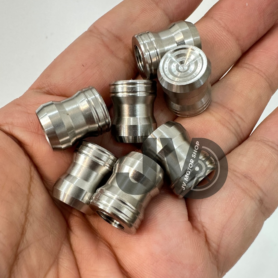 Ốc chụp van vòi kèm long đền đỏ - inox 304 CNC khuyên khối, gắn các loại van xe, sáng bóng dễ gắn