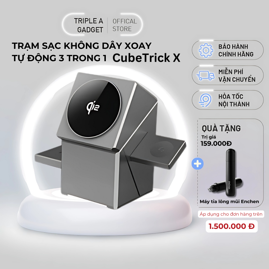 [Hàng Sẵn Giao Ngay] Trạm sạc SMARTPHONE không dây xoay tự động 3 trong 1