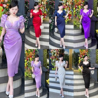 Đầm váy body dự tiệc trung niên lưới ngực kết hạt tay phồng tko mm 2025a