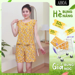 Bộ Lanh Nữ AHOA Áo Sát Nách Quần Đùi, Đồ Bộ Trung Niên Cho Mẹ Vải Tole Hoa Nhí, Bộ Đồ Lanh Nữ Mặc Nhà Mùa Hè