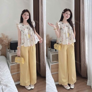 Set bộ thời trang nữ style nhẹ nhàng đơn giản áo chất Mango cổ tròn không tay in hoa phồng eo mix quần Xước Hàn ống rộng